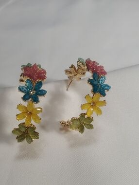Gold-Tone Multicolor Floral Hoop Earrings - Pink, Blue, Yellow & Green